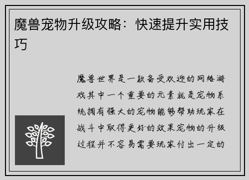 魔兽宠物升级攻略：快速提升实用技巧